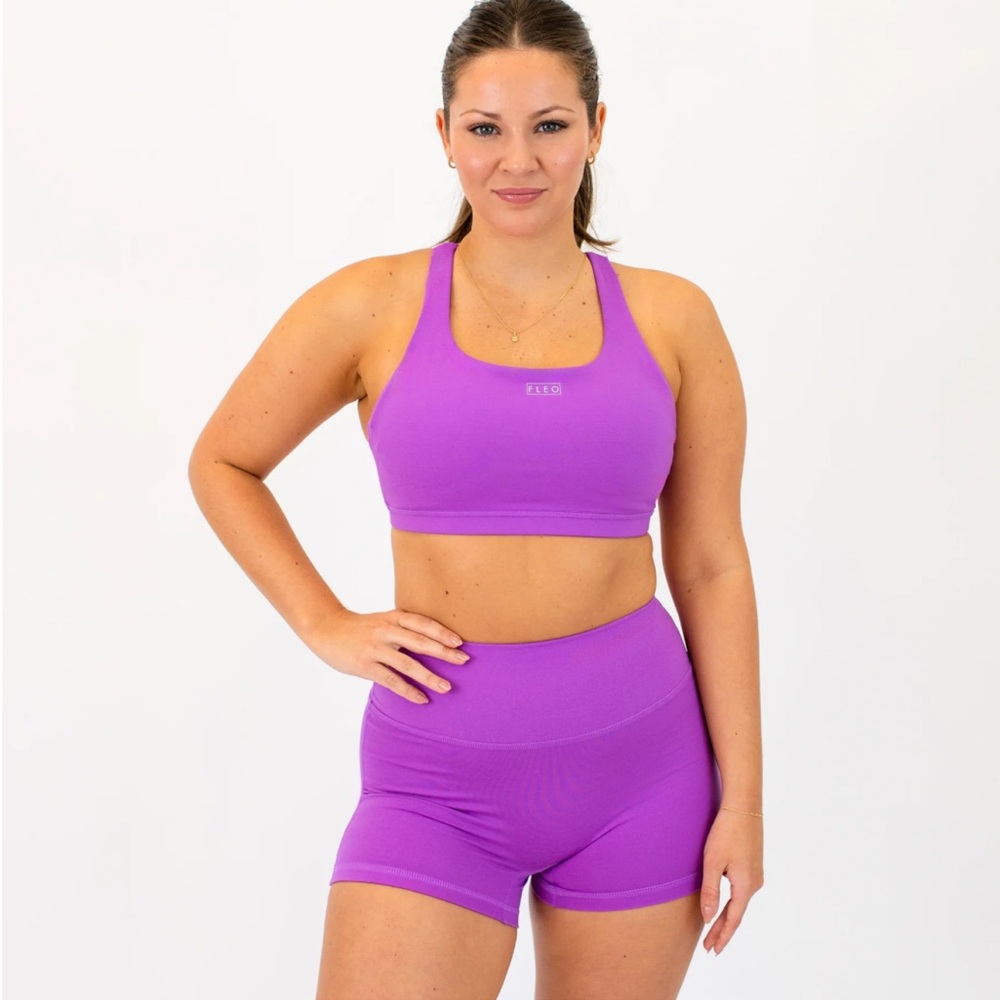 Fleo Heather Neon Purple 3 piece set: sports bra, shorts, racerback top, size M